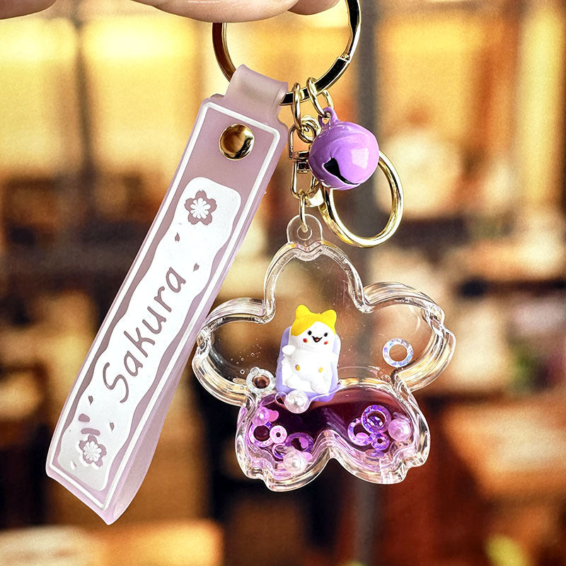 Wholesale Acrylic Oil In Cherry Blossom Cat Floating Bottle Keychain